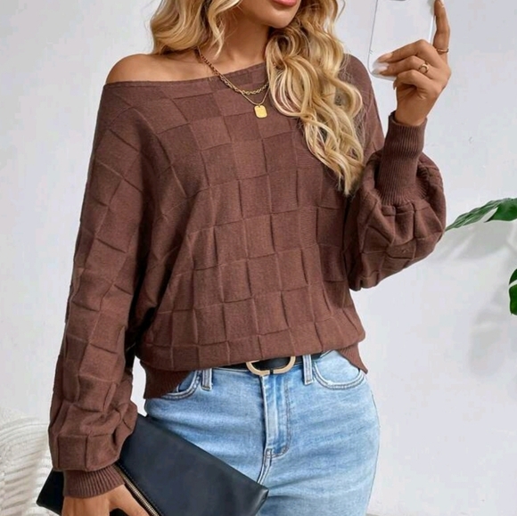 Sweaters - New Textured Basket Weave Knit Dolman Sleeve Sweater Top Brown